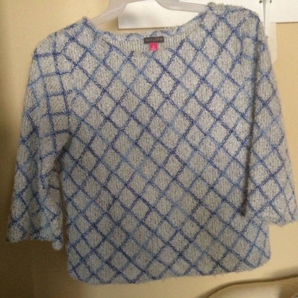 Vince Camuto Sweater SzM Pullover White/Blue Geometric 3/4Sleeves Pre-Owned Cute - Picture 7 of 8